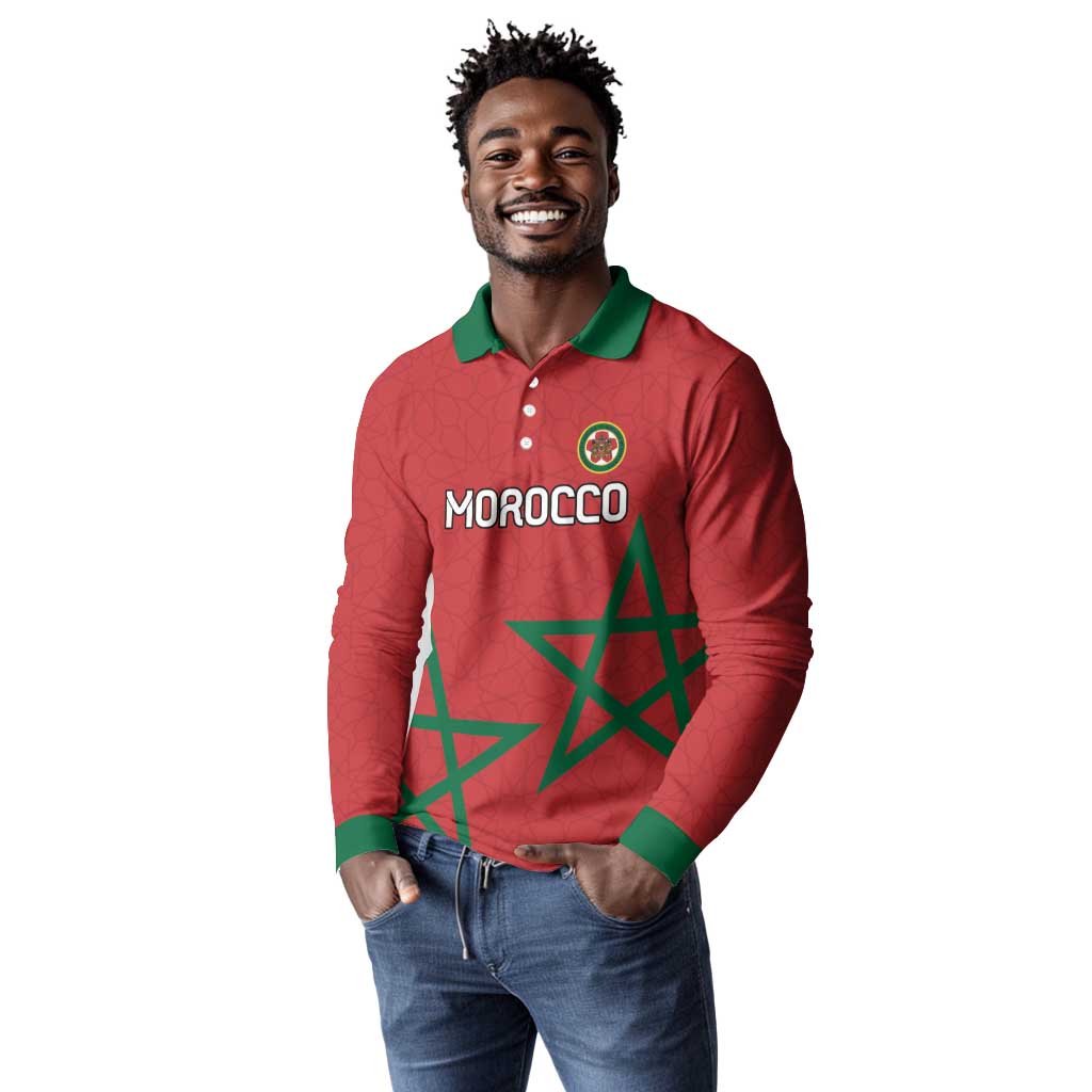 Custom Morocco Heritage Football Long Sleeve Polo Shirt Road To Champion