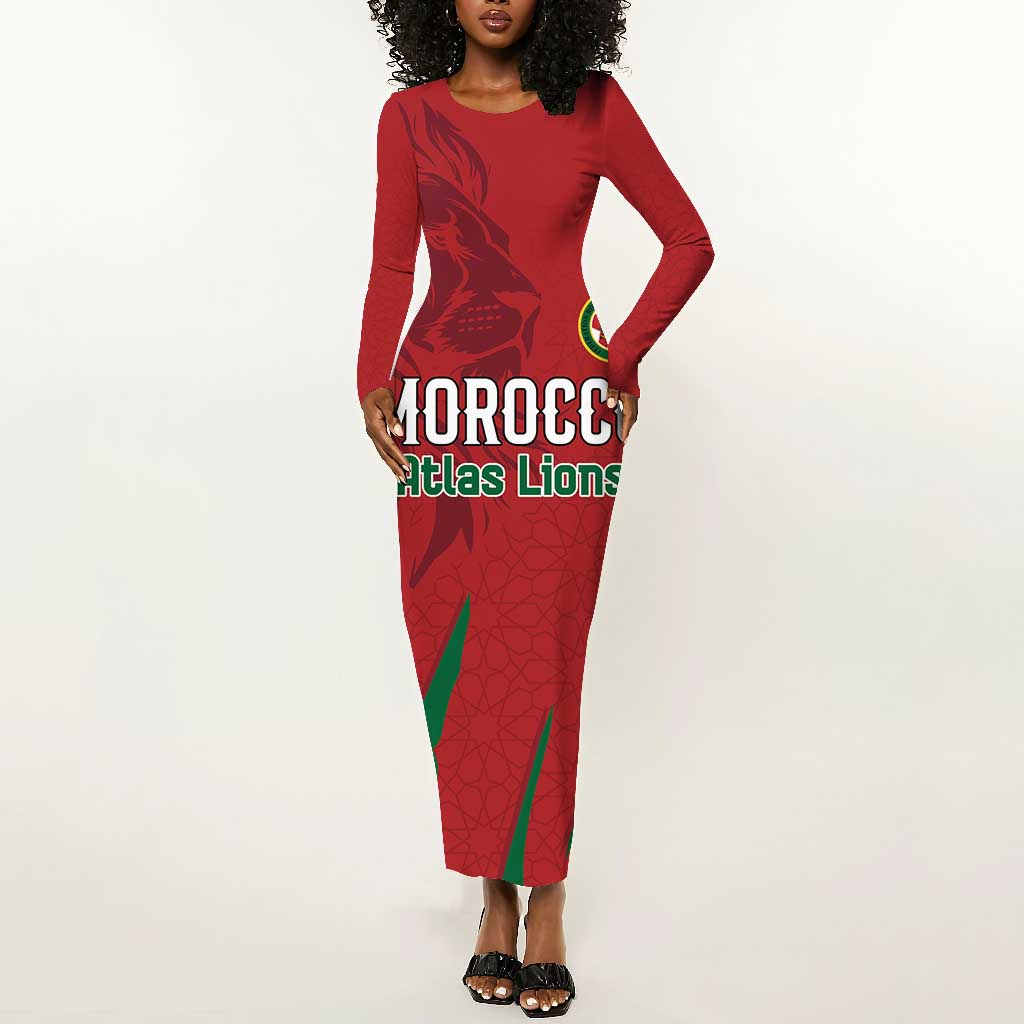 Custom Morocco Football Long Sleeve Bodycon Dress Atlas Lions Road To Champion