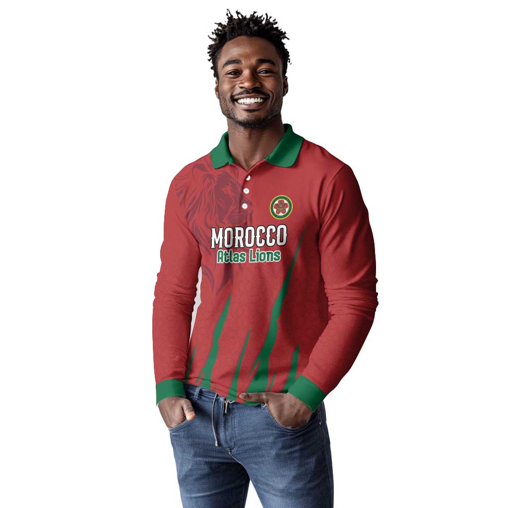 Custom Morocco Football Long Sleeve Polo Shirt Atlas Lions Road To Champion