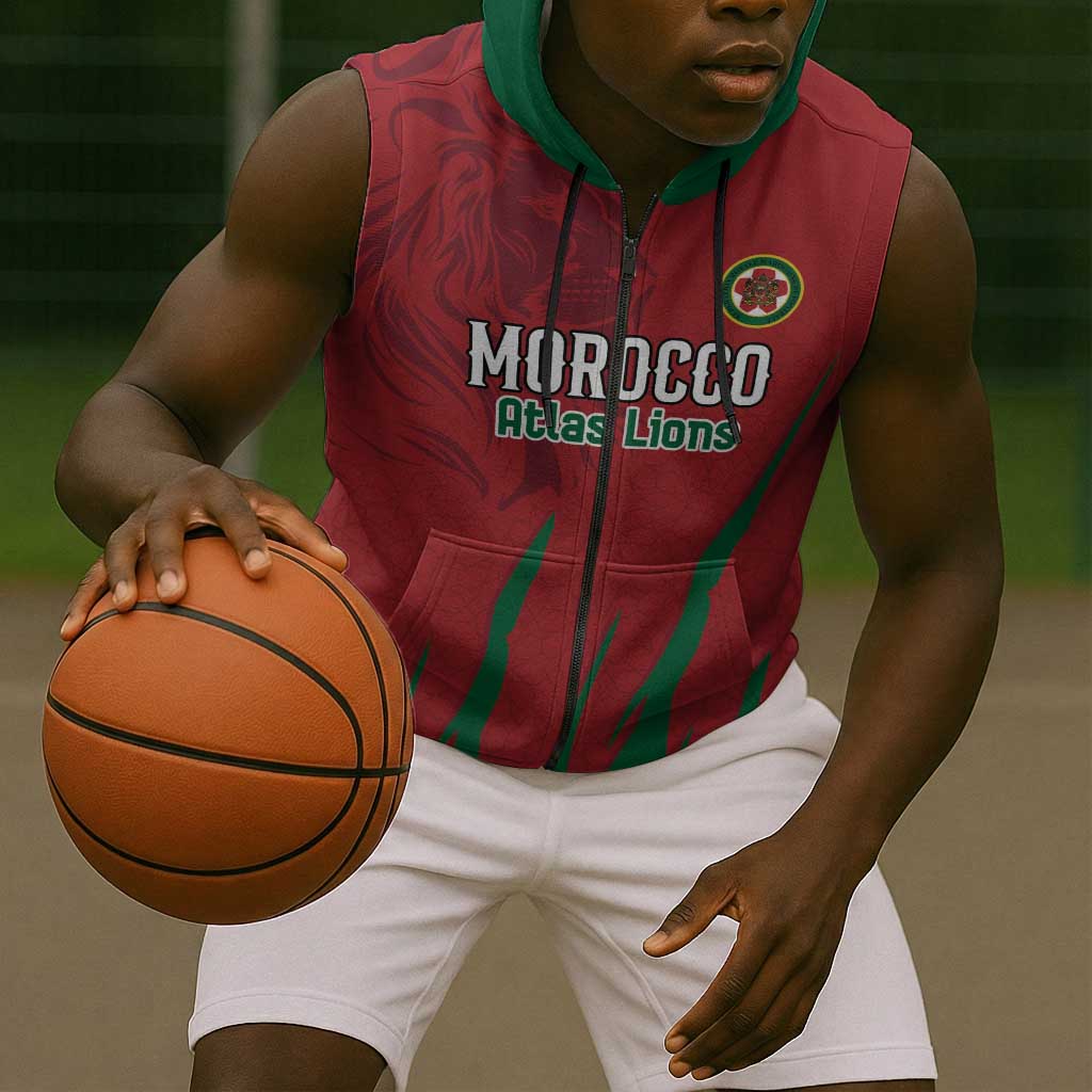 Custom Morocco Football Sleeveless Zip Hoodie Atlas Lions Road To Champion