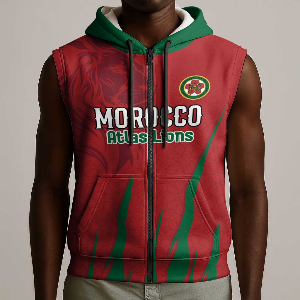 Custom Morocco Football Sleeveless Zip Hoodie Atlas Lions Road To Champion