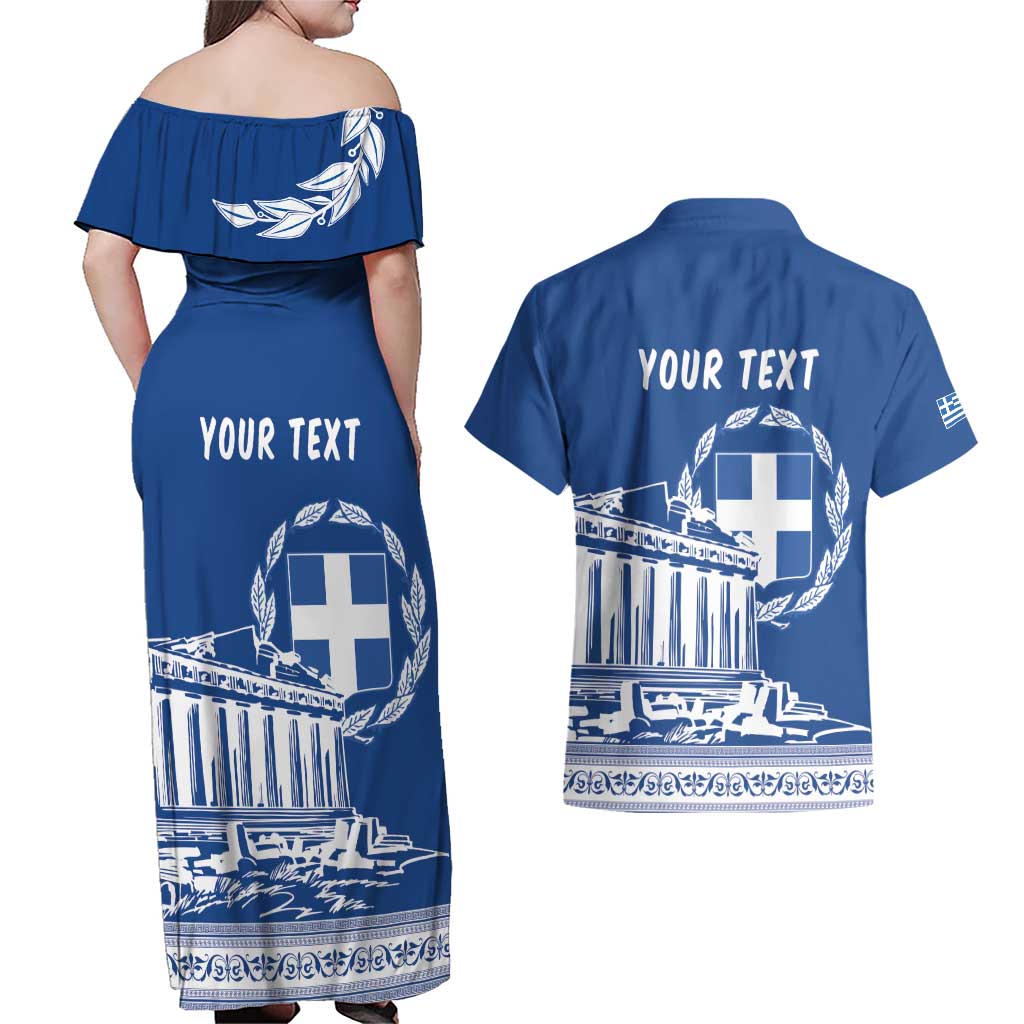 Personalized Greece Athena Goddess Couples Matching Off Shoulder Maxi Dress and Hawaiian Shirt Parthenon Greek Key Patterns