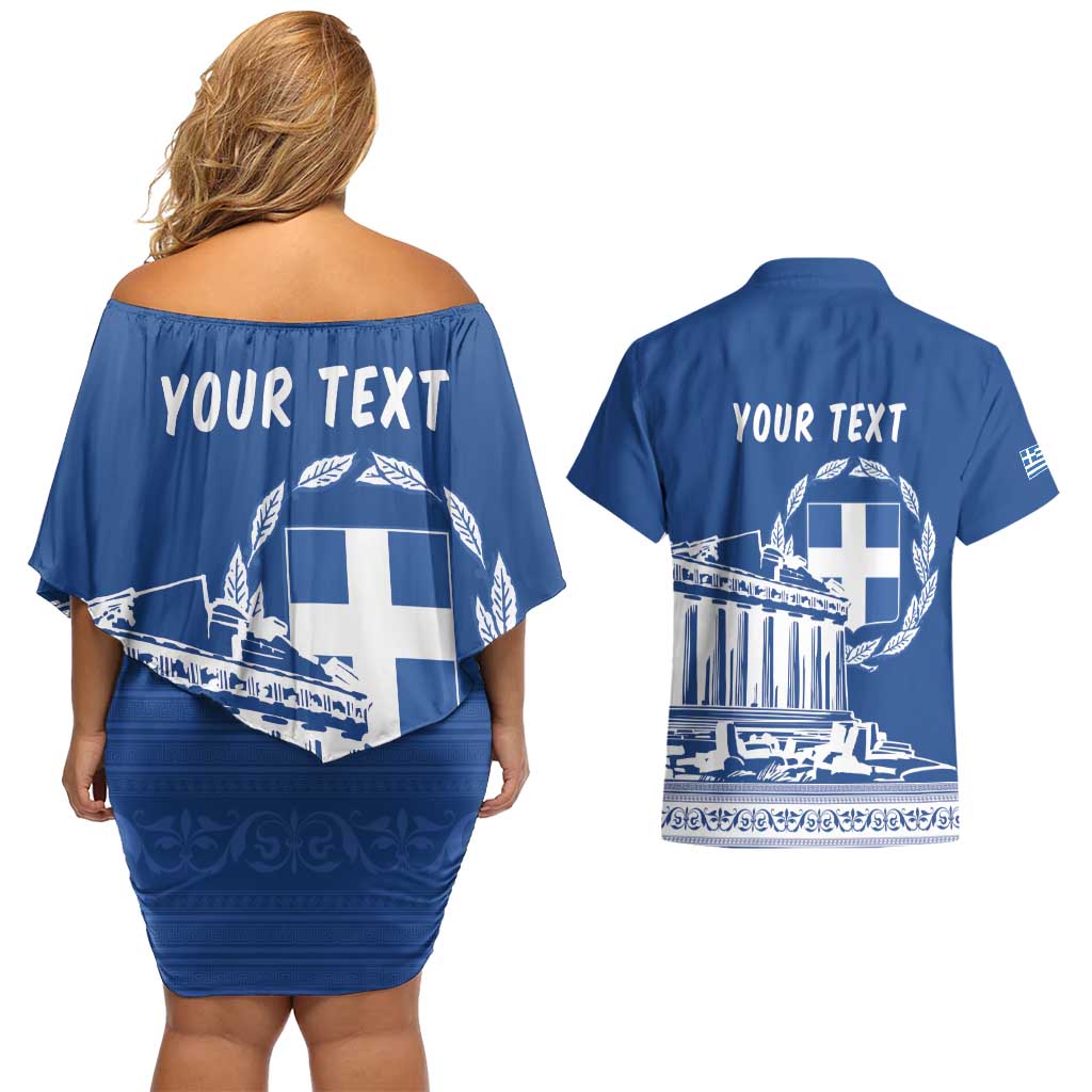 Personalized Greece Athena Goddess Couples Matching Off Shoulder Short Dress and Hawaiian Shirt Parthenon Greek Key Patterns
