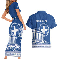 Personalized Greece Athena Goddess Couples Matching Short Sleeve Bodycon Dress and Hawaiian Shirt Parthenon Greek Key Patterns