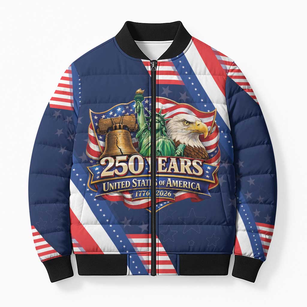 America 250th Anniversary Bomber Puffer Jacket USA 1776-2026 Patriotic Eagle