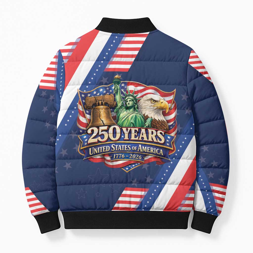 America 250th Anniversary Bomber Puffer Jacket USA 1776-2026 Patriotic Eagle
