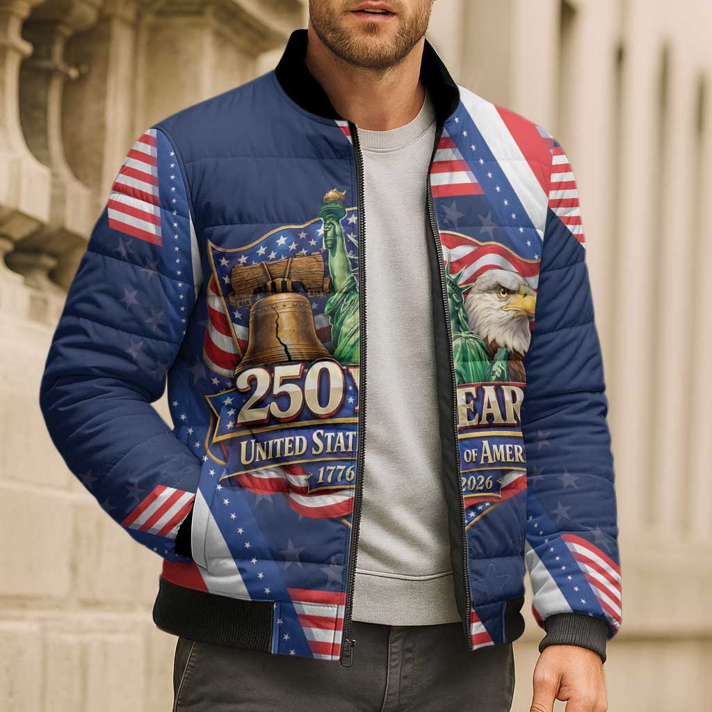 America 250th Anniversary Bomber Puffer Jacket USA 1776-2026 Patriotic Eagle