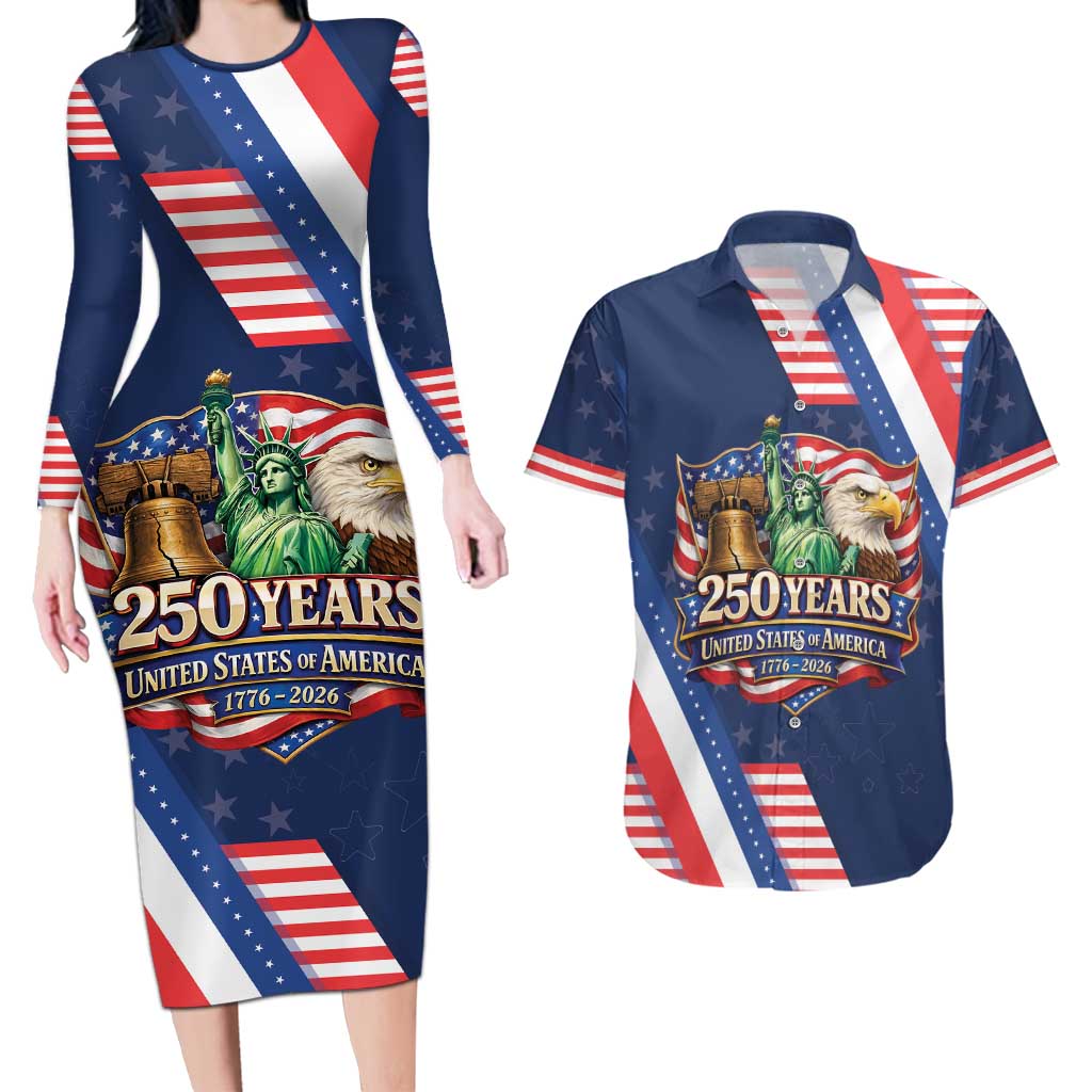 America 250th Anniversary Couples Matching Long Sleeve Bodycon Dress and Hawaiian Shirt USA 1776-2026 Patriotic Eagle