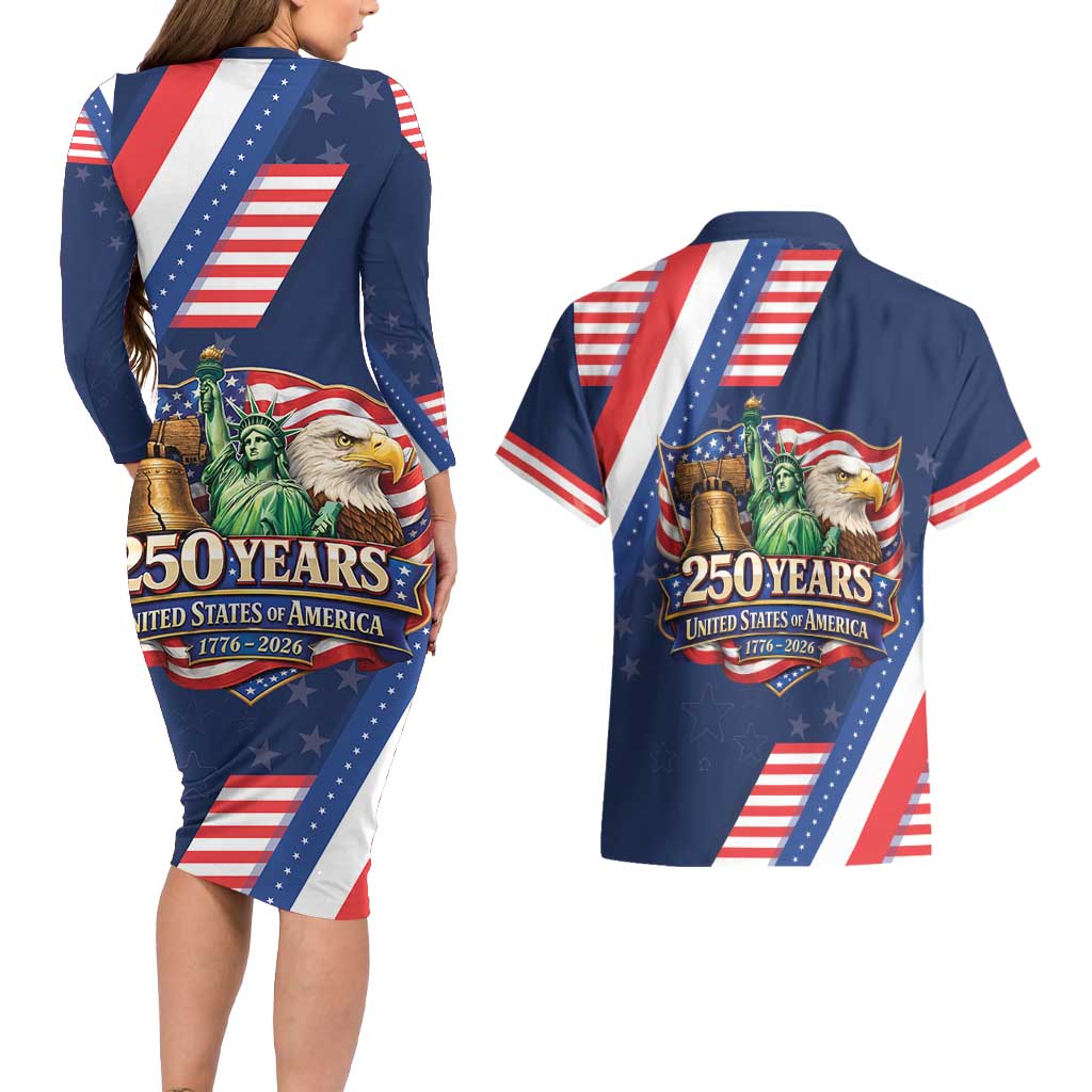 America 250th Anniversary Couples Matching Long Sleeve Bodycon Dress and Hawaiian Shirt USA 1776-2026 Patriotic Eagle