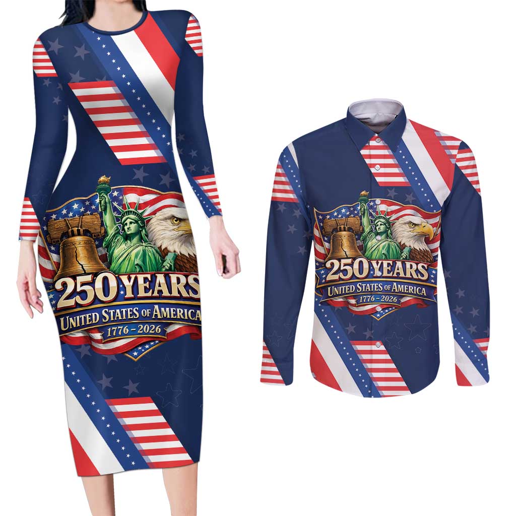 America 250th Anniversary Couples Matching Long Sleeve Bodycon Dress and Long Sleeve Button Shirt USA 1776-2026 Patriotic Eagle