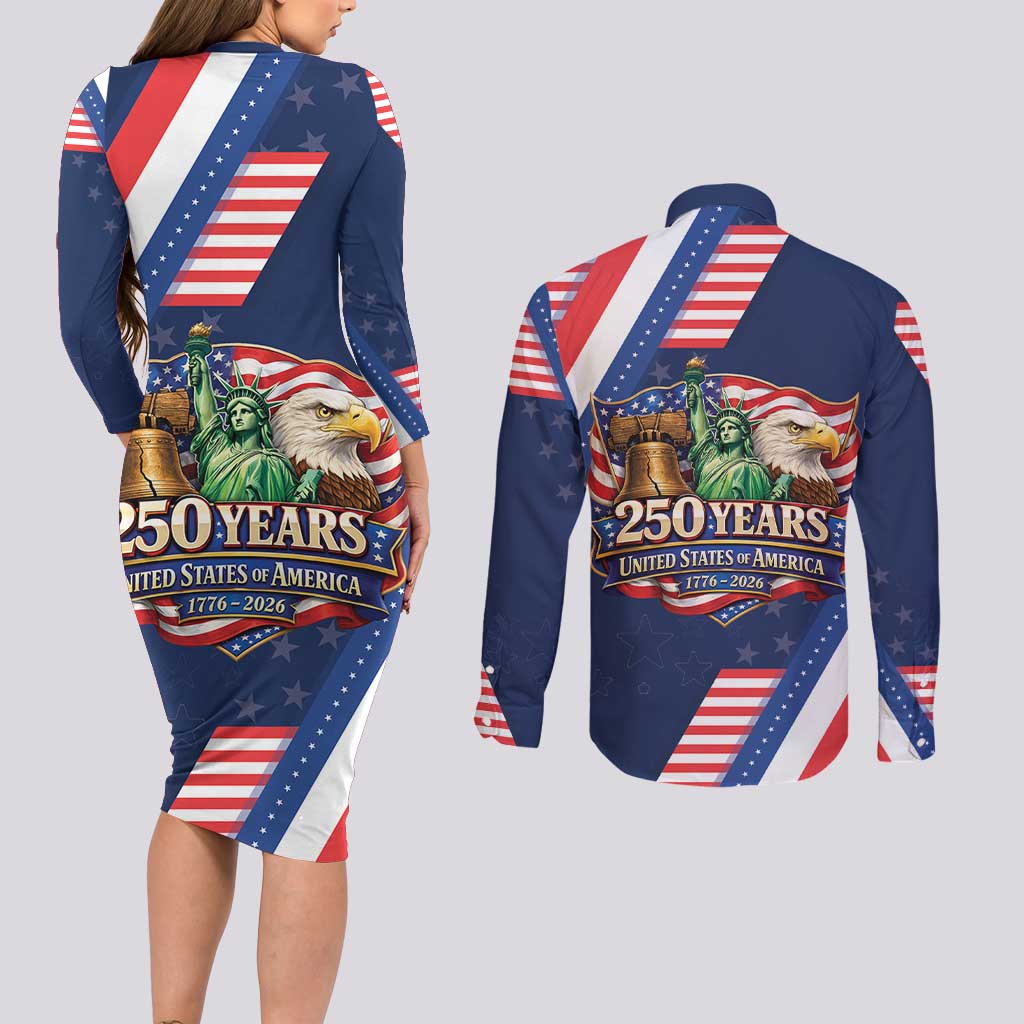 America 250th Anniversary Couples Matching Long Sleeve Bodycon Dress and Long Sleeve Button Shirt USA 1776-2026 Patriotic Eagle
