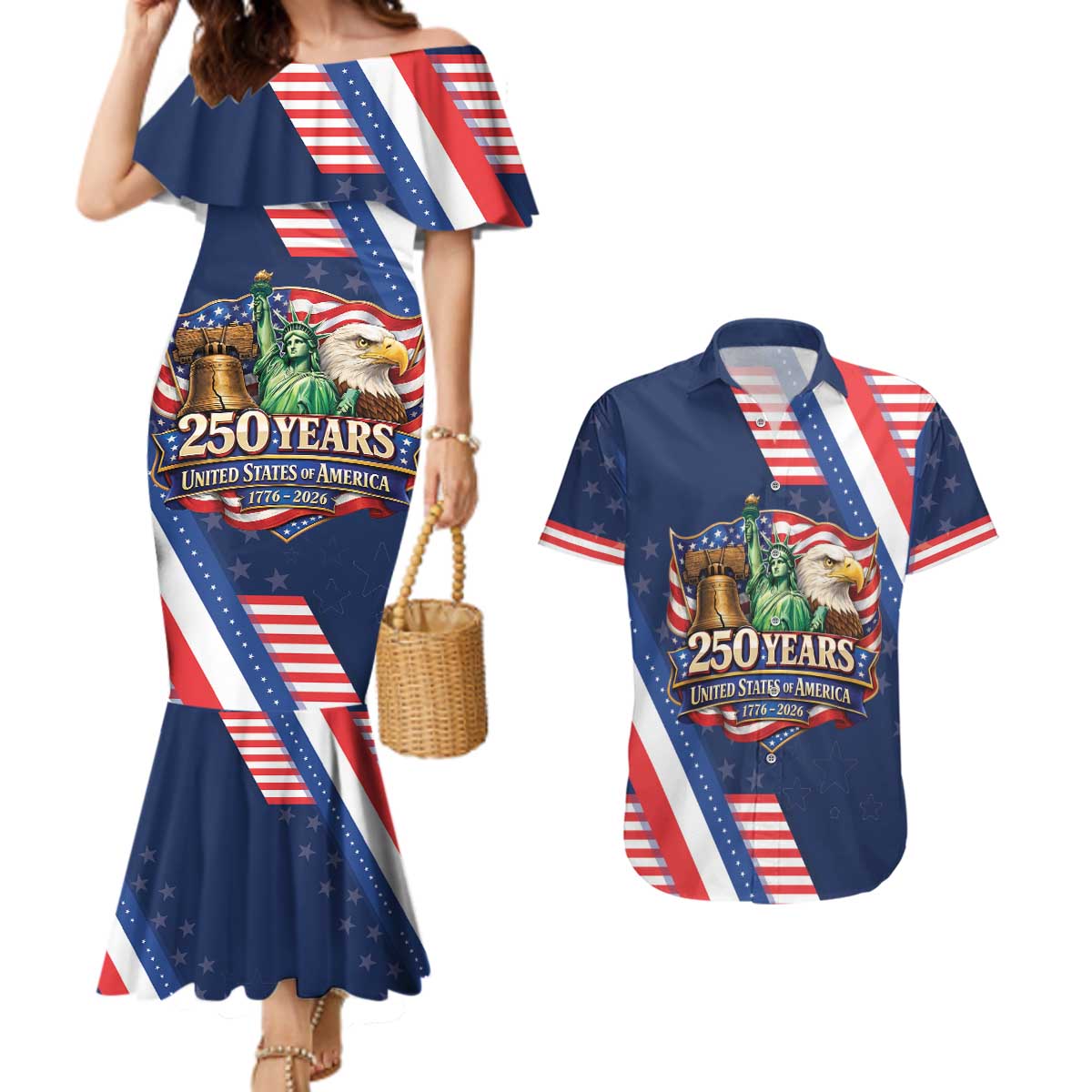 America 250th Anniversary Couples Matching Mermaid Dress and Hawaiian Shirt USA 1776-2026 Patriotic Eagle