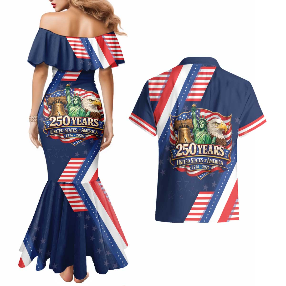 America 250th Anniversary Couples Matching Mermaid Dress and Hawaiian Shirt USA 1776-2026 Patriotic Eagle
