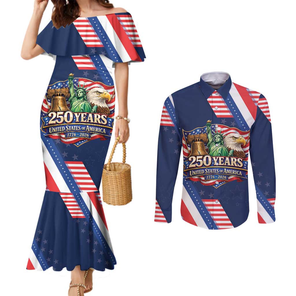 America 250th Anniversary Couples Matching Mermaid Dress and Long Sleeve Button Shirt USA 1776-2026 Patriotic Eagle