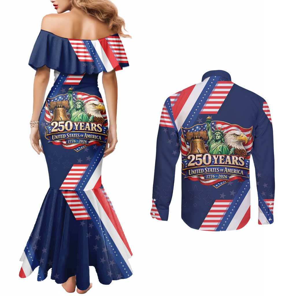 America 250th Anniversary Couples Matching Mermaid Dress and Long Sleeve Button Shirt USA 1776-2026 Patriotic Eagle