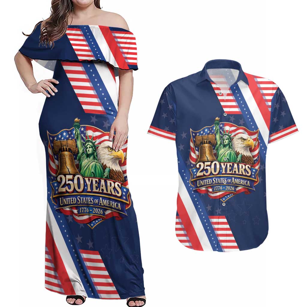 America 250th Anniversary Couples Matching Off Shoulder Maxi Dress and Hawaiian Shirt USA 1776-2026 Patriotic Eagle