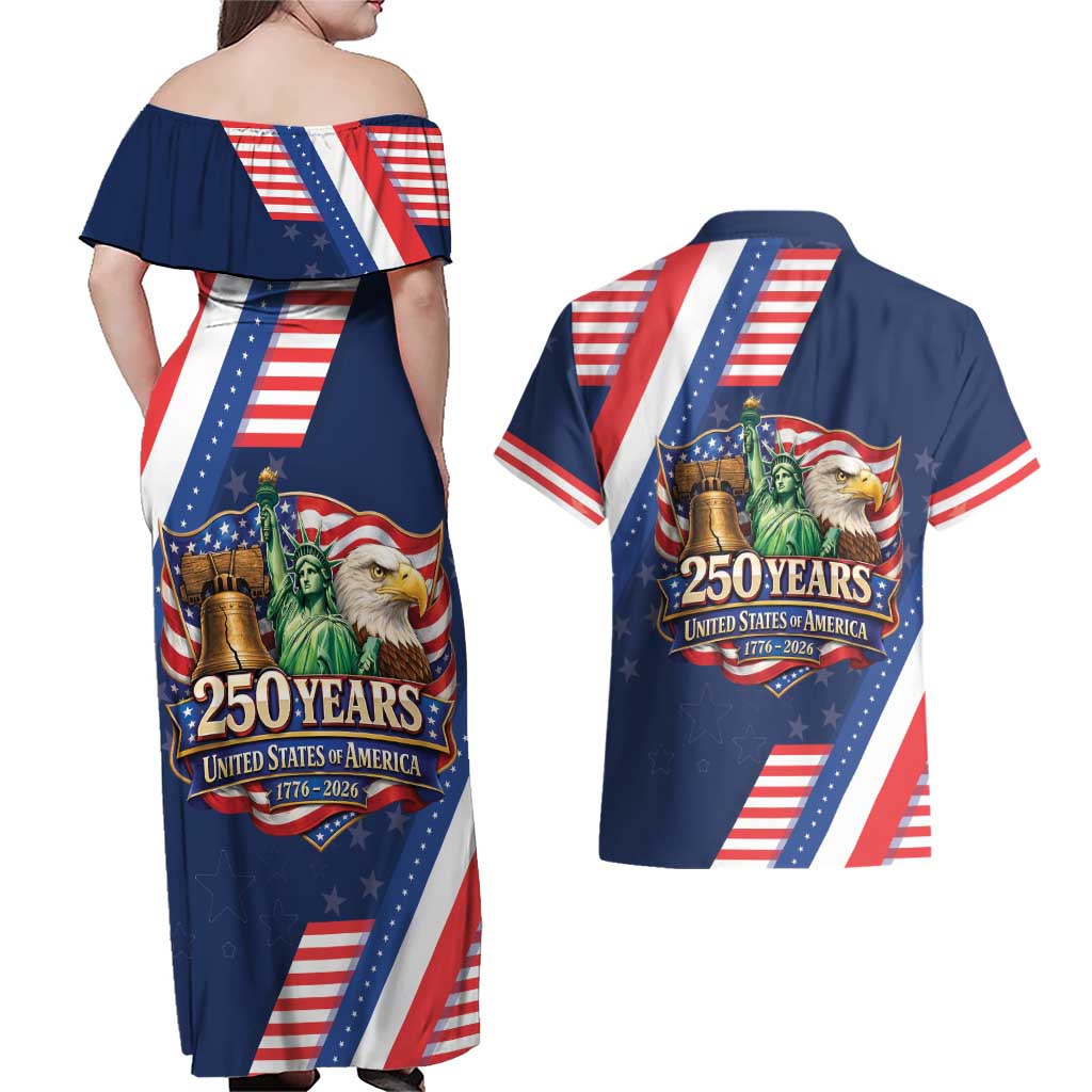 America 250th Anniversary Couples Matching Off Shoulder Maxi Dress and Hawaiian Shirt USA 1776-2026 Patriotic Eagle