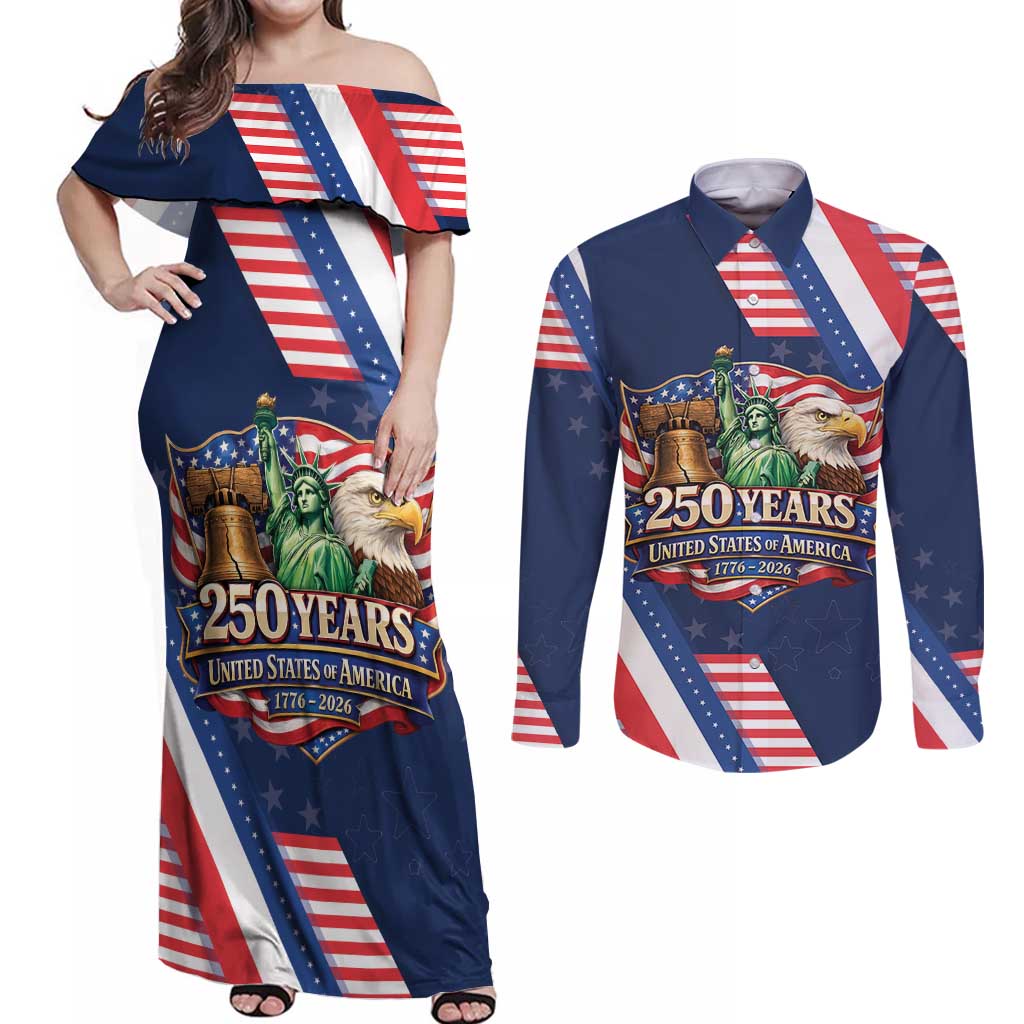 America 250th Anniversary Couples Matching Off Shoulder Maxi Dress and Long Sleeve Button Shirt USA 1776-2026 Patriotic Eagle