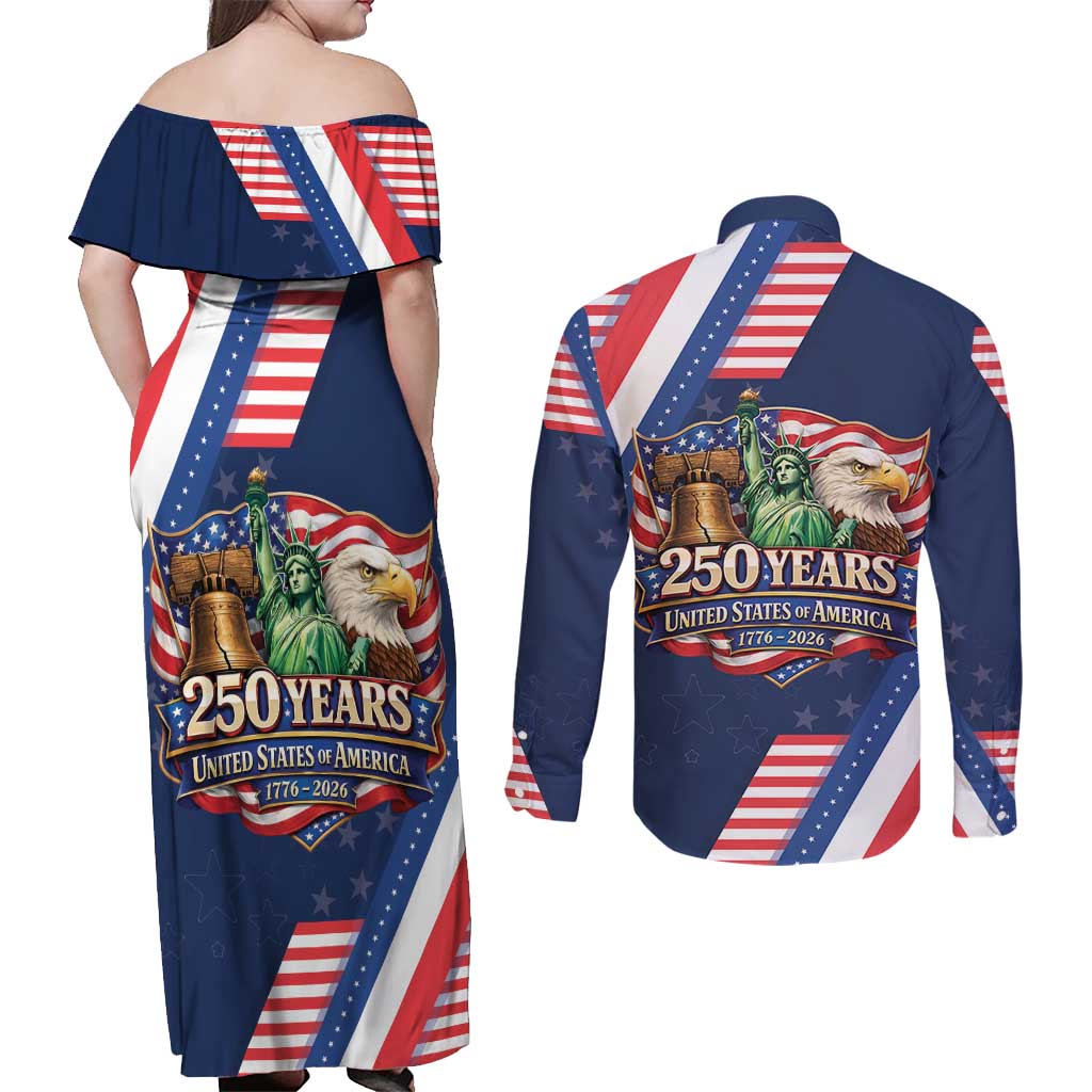 America 250th Anniversary Couples Matching Off Shoulder Maxi Dress and Long Sleeve Button Shirt USA 1776-2026 Patriotic Eagle