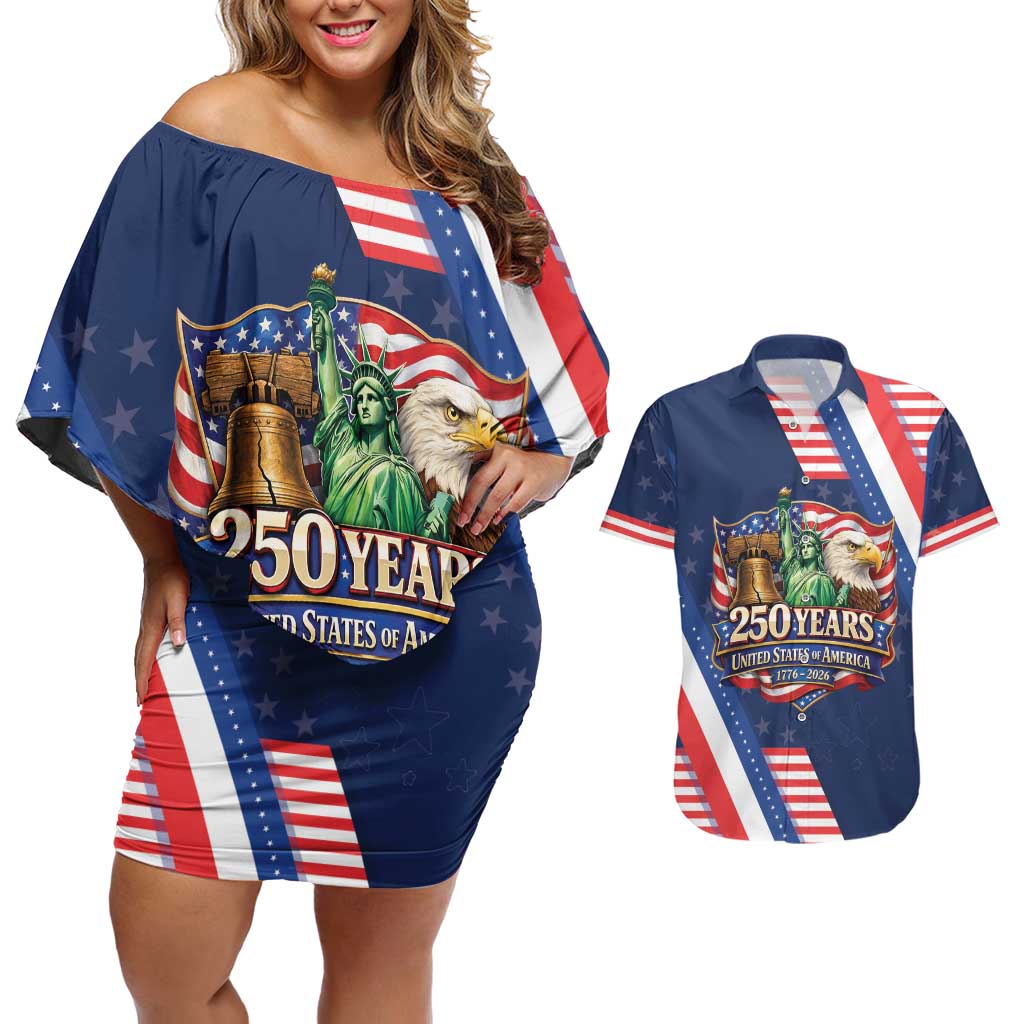 America 250th Anniversary Couples Matching Off Shoulder Short Dress and Hawaiian Shirt USA 1776-2026 Patriotic Eagle