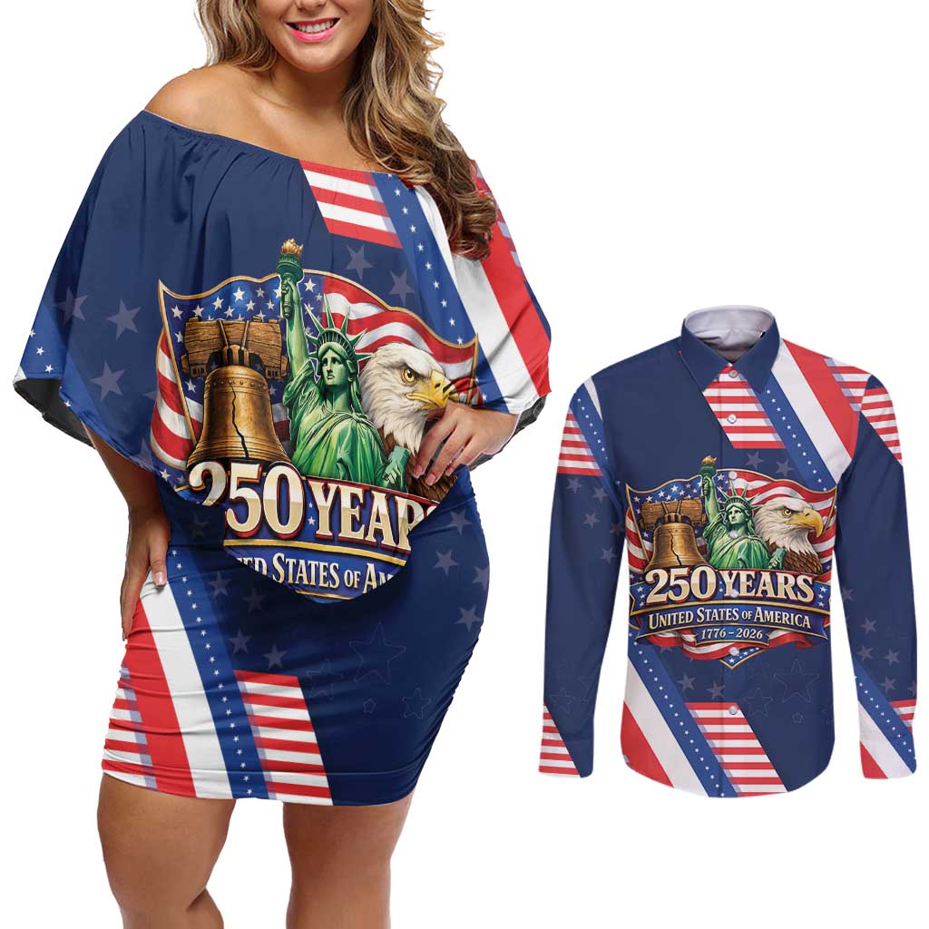 America 250th Anniversary Couples Matching Off Shoulder Short Dress and Long Sleeve Button Shirt USA 1776-2026 Patriotic Eagle