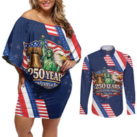 America 250th Anniversary Couples Matching Off Shoulder Short Dress and Long Sleeve Button Shirt USA 1776-2026 Patriotic Eagle