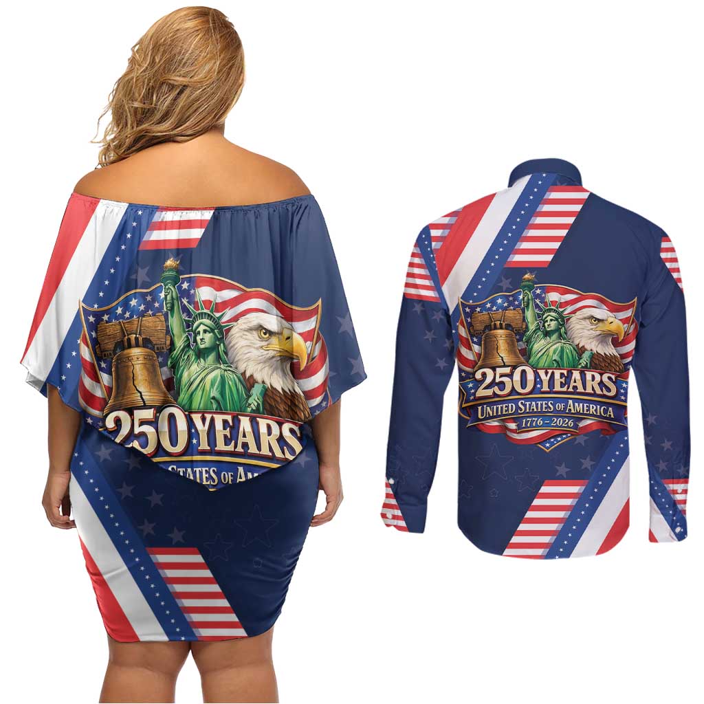 America 250th Anniversary Couples Matching Off Shoulder Short Dress and Long Sleeve Button Shirt USA 1776-2026 Patriotic Eagle