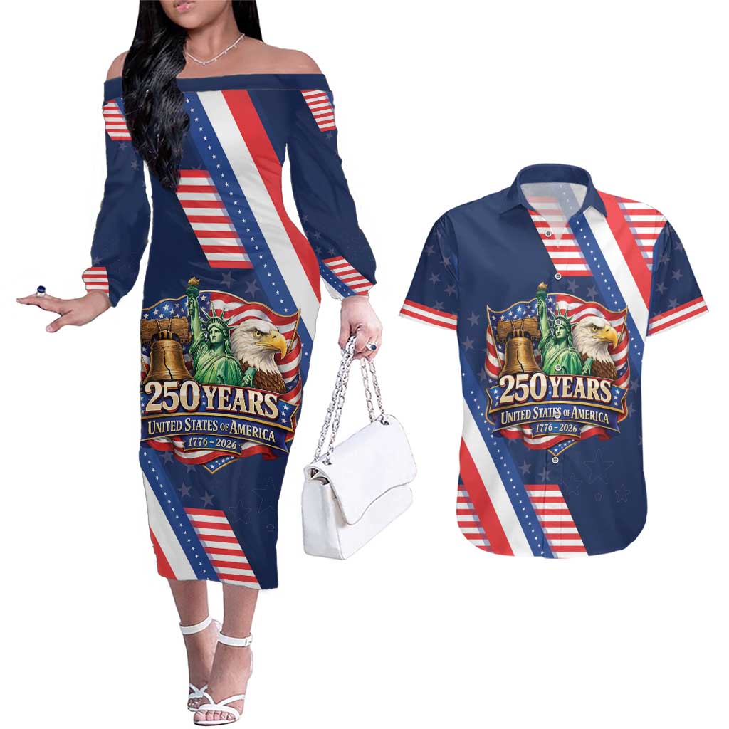 America 250th Anniversary Couples Matching Off The Shoulder Long Sleeve Dress and Hawaiian Shirt USA 1776-2026 Patriotic Eagle