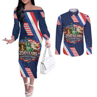 America 250th Anniversary Couples Matching Off The Shoulder Long Sleeve Dress and Long Sleeve Button Shirt USA 1776-2026 Patriotic Eagle