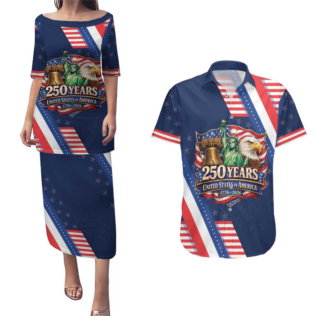 America 250th Anniversary Couples Matching Puletasi and Hawaiian Shirt USA 1776-2026 Patriotic Eagle