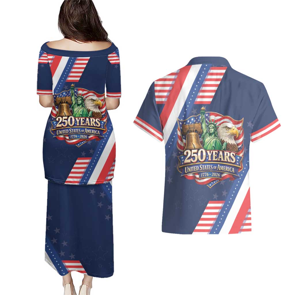 America 250th Anniversary Couples Matching Puletasi and Hawaiian Shirt USA 1776-2026 Patriotic Eagle