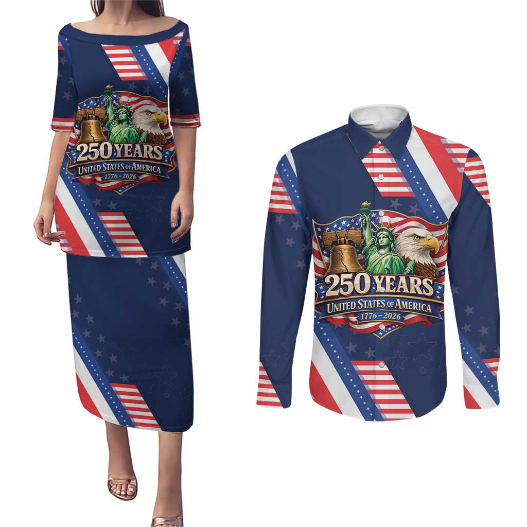 America 250th Anniversary Couples Matching Puletasi and Long Sleeve Button Shirt USA 1776-2026 Patriotic Eagle