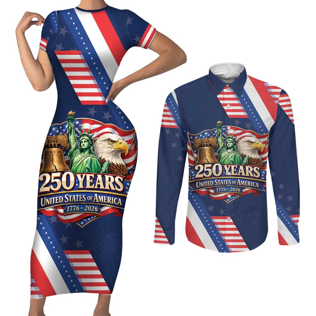 America 250th Anniversary Couples Matching Short Sleeve Bodycon Dress and Long Sleeve Button Shirt USA 1776-2026 Patriotic Eagle