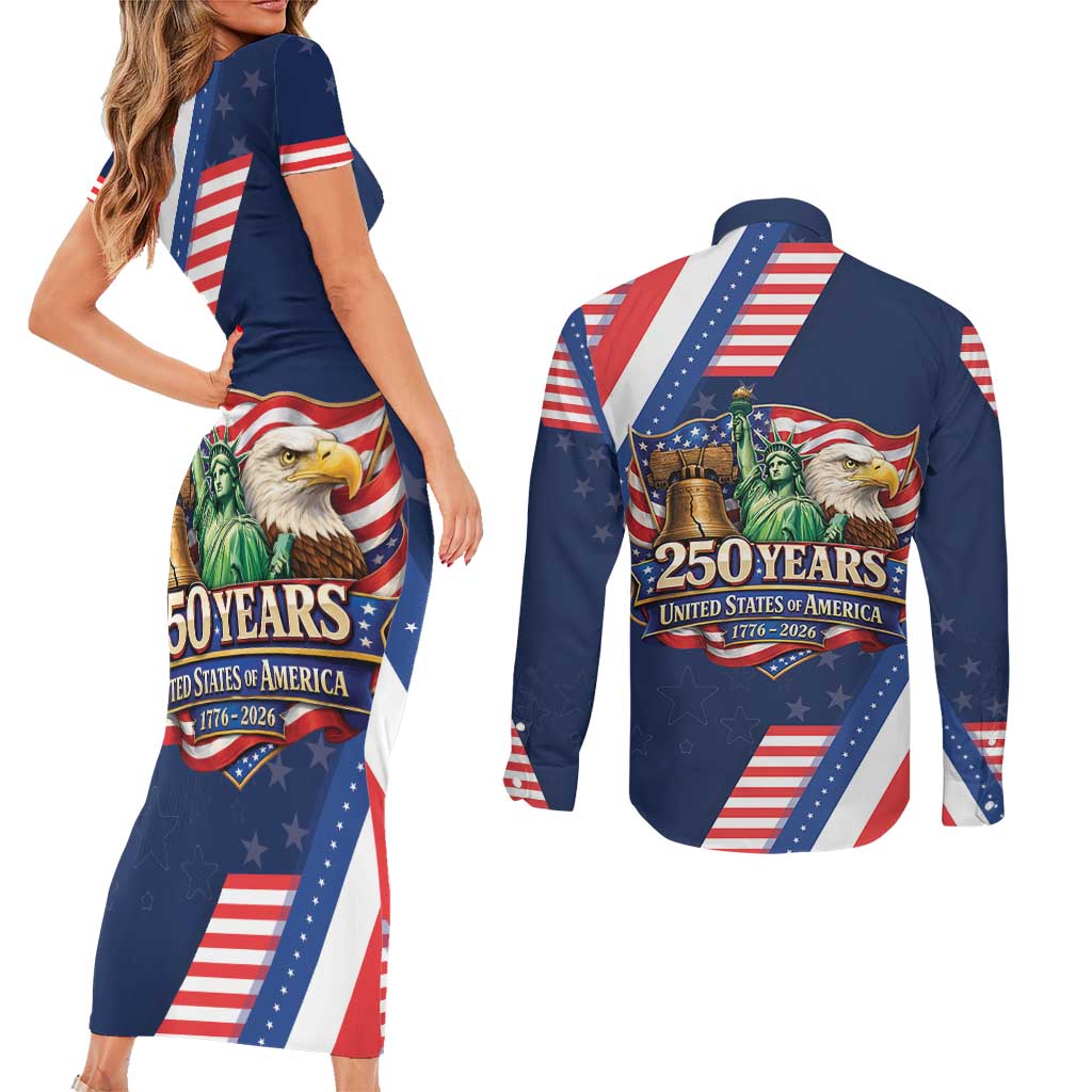 America 250th Anniversary Couples Matching Short Sleeve Bodycon Dress and Long Sleeve Button Shirt USA 1776-2026 Patriotic Eagle