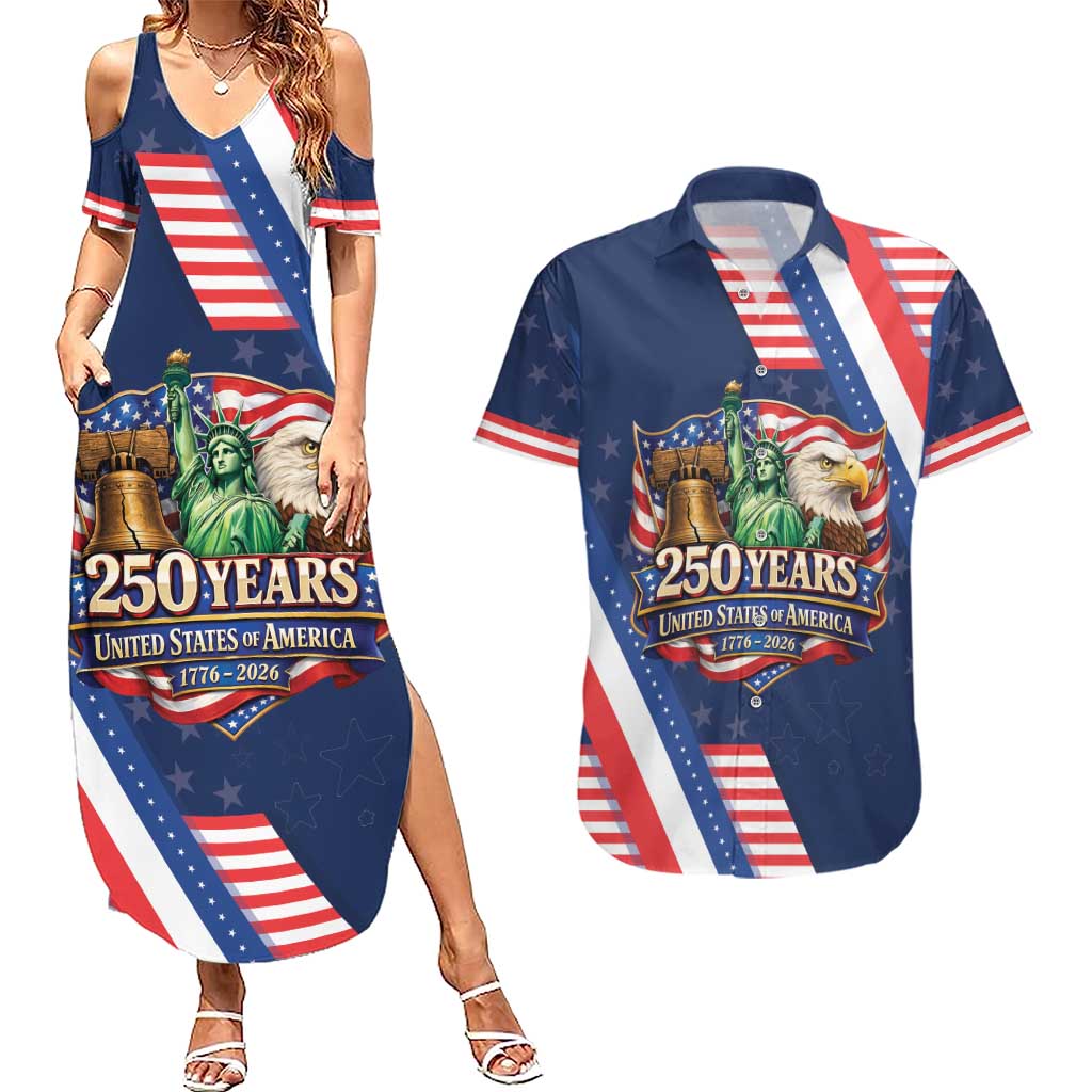 America 250th Anniversary Couples Matching Summer Maxi Dress and Hawaiian Shirt USA 1776-2026 Patriotic Eagle