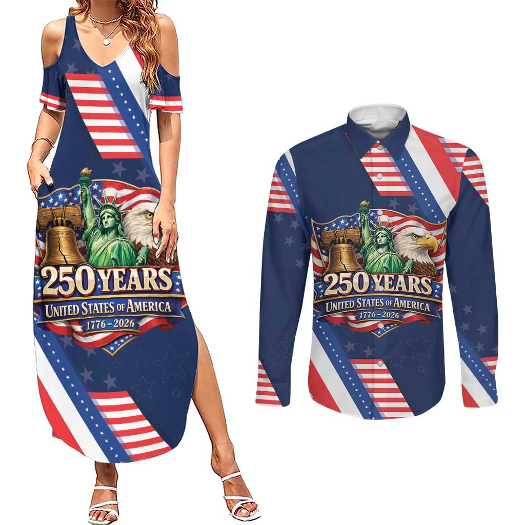 America 250th Anniversary Couples Matching Summer Maxi Dress and Long Sleeve Button Shirt USA 1776-2026 Patriotic Eagle