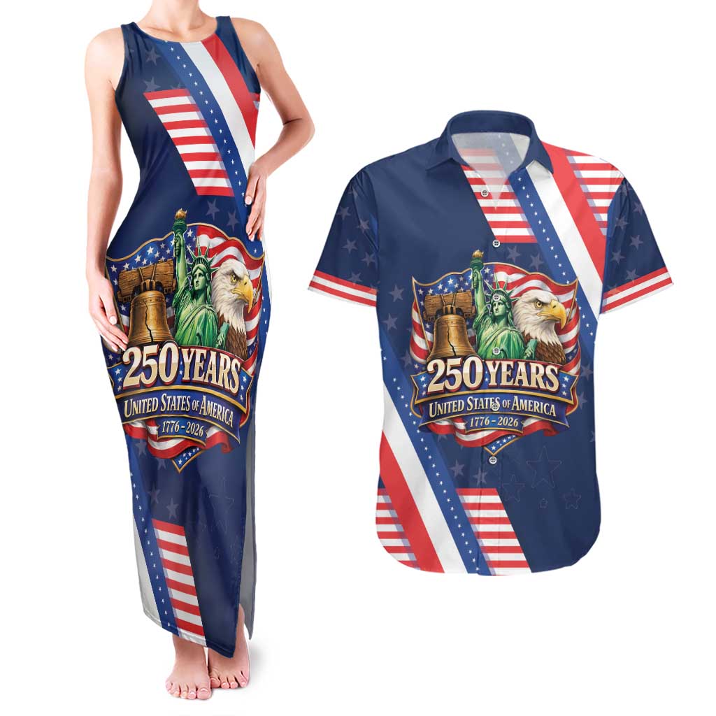 America 250th Anniversary Couples Matching Tank Maxi Dress and Hawaiian Shirt USA 1776-2026 Patriotic Eagle