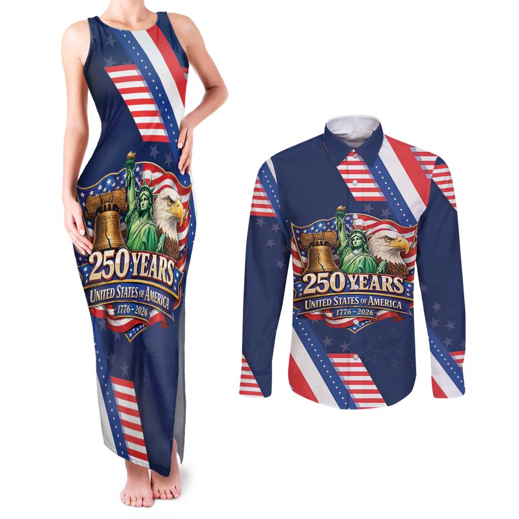America 250th Anniversary Couples Matching Tank Maxi Dress and Long Sleeve Button Shirt USA 1776-2026 Patriotic Eagle