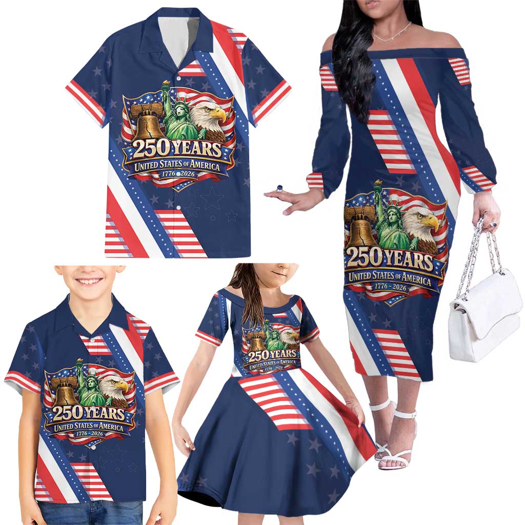 America 250th Anniversary Family Matching Off The Shoulder Long Sleeve Dress and Hawaiian Shirt USA 1776-2026 Patriotic Eagle