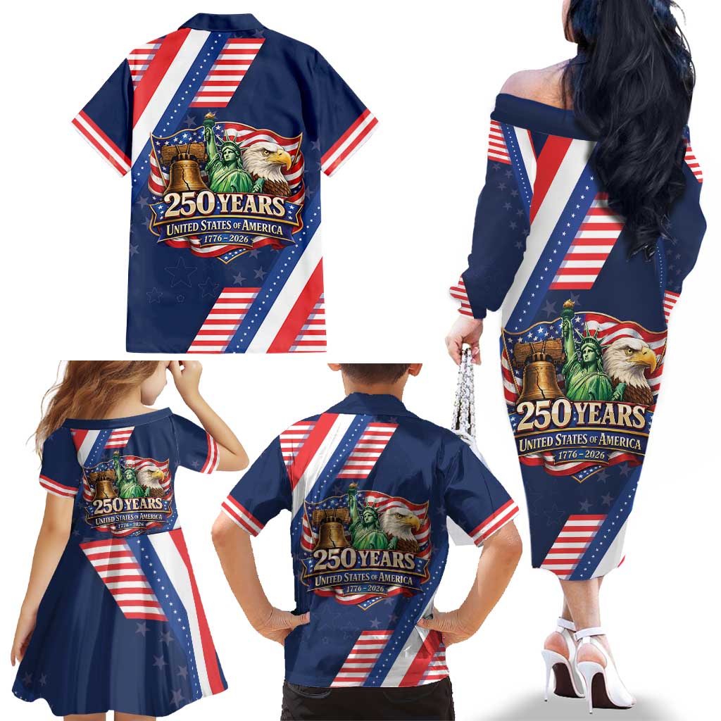 America 250th Anniversary Family Matching Off The Shoulder Long Sleeve Dress and Hawaiian Shirt USA 1776-2026 Patriotic Eagle