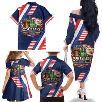 America 250th Anniversary Family Matching Off The Shoulder Long Sleeve Dress and Hawaiian Shirt USA 1776-2026 Patriotic Eagle