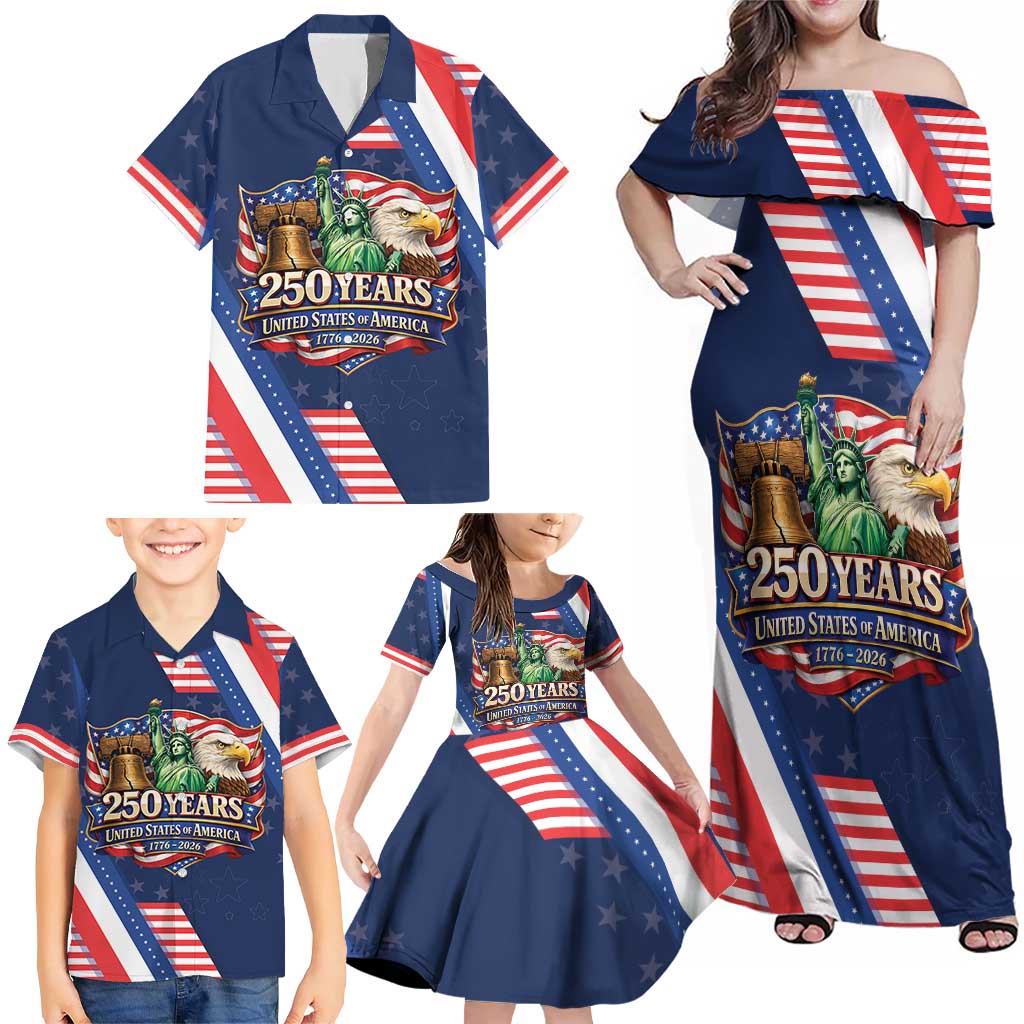 America 250th Anniversary Family Matching Off Shoulder Maxi Dress and Hawaiian Shirt USA 1776-2026 Patriotic Eagle
