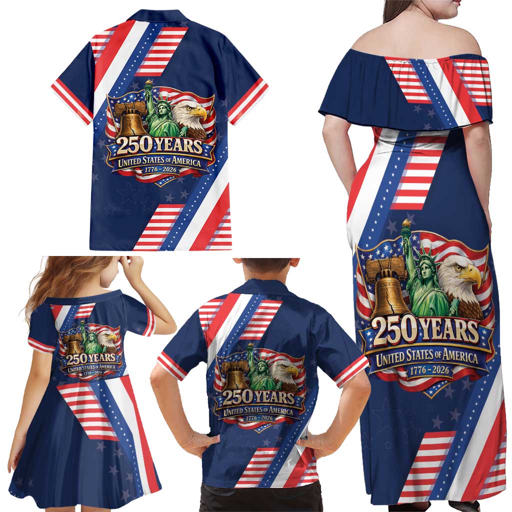 America 250th Anniversary Family Matching Off Shoulder Maxi Dress and Hawaiian Shirt USA 1776-2026 Patriotic Eagle