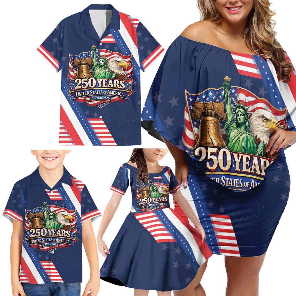 America 250th Anniversary Family Matching Off Shoulder Short Dress and Hawaiian Shirt USA 1776-2026 Patriotic Eagle