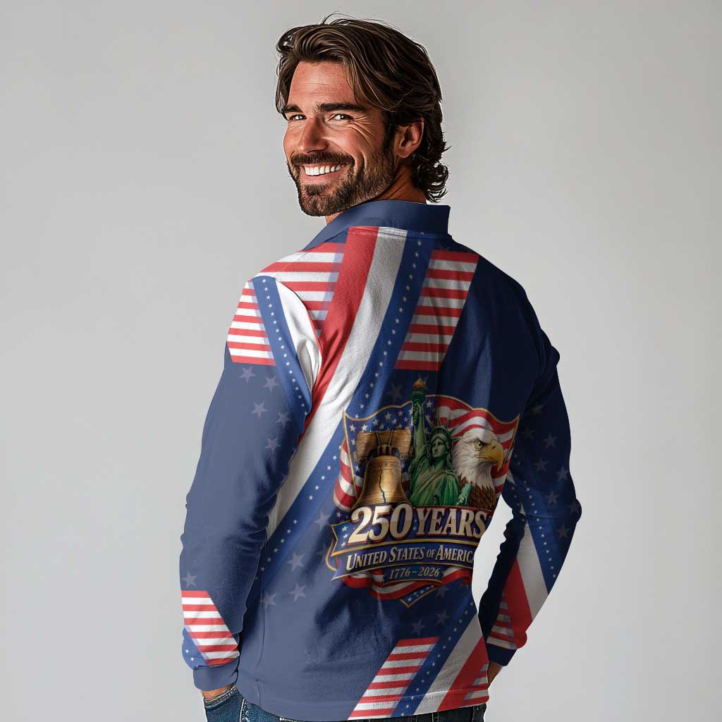 America 250th Anniversary Long Sleeve Polo Shirt USA 1776-2026 Patriotic Eagle