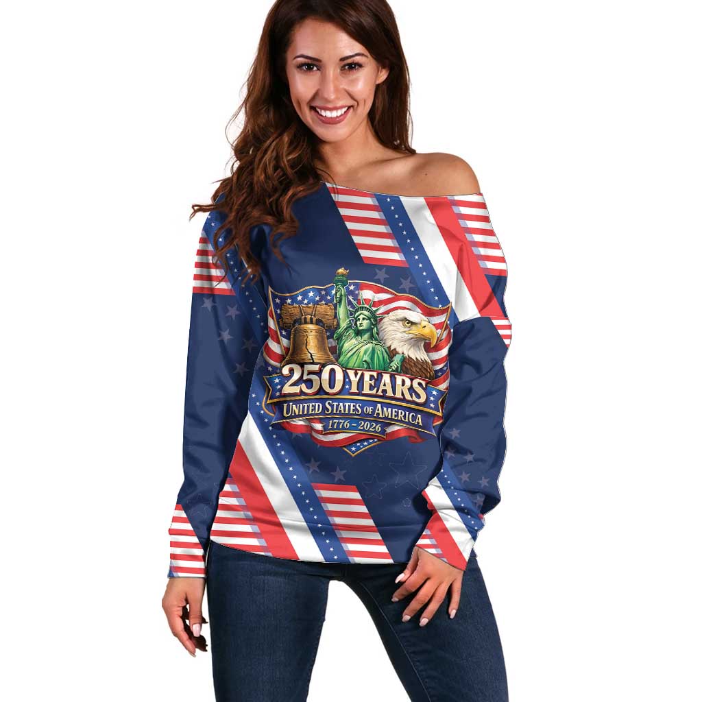 America 250th Anniversary Off Shoulder Sweater USA 1776-2026 Patriotic Eagle