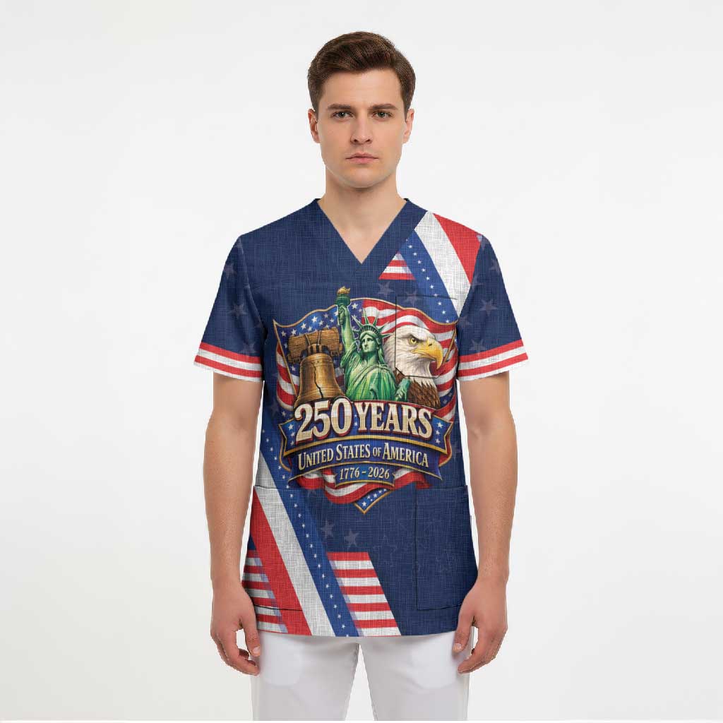 America 250th Anniversary Scrub Top USA 1776-2026 Patriotic Eagle