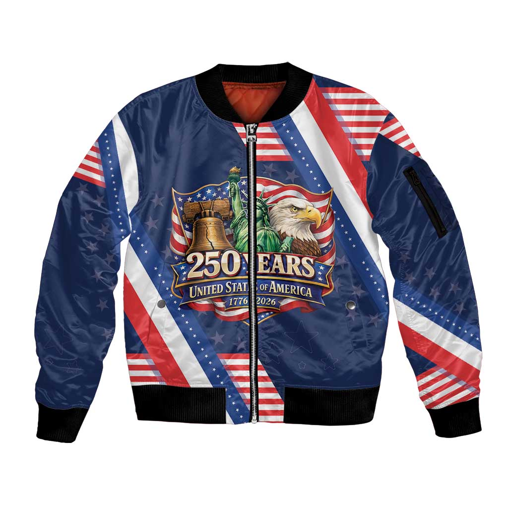 America 250th Anniversary Sleeve Zip Bomber Jacket USA 1776-2026 Patriotic Eagle
