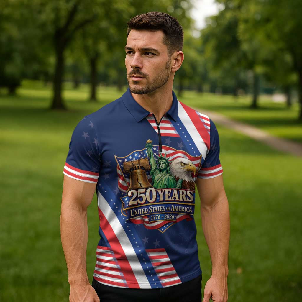 America 250th Anniversary Zipper Polo Shirt USA 1776-2026 Patriotic Eagle