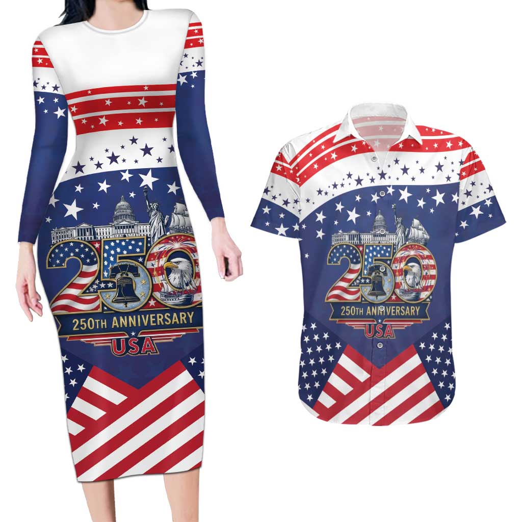 USA 250 Years of Freedom Couples Matching Long Sleeve Bodycon Dress and Hawaiian Shirt All American Pride